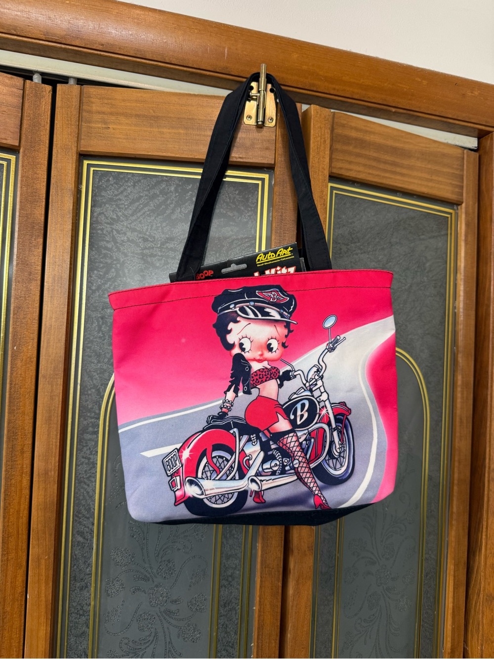Betty Boop Red Canvas Tote Bag w/ Motorcycle Graphic, Betty Boop Dice, stickers!